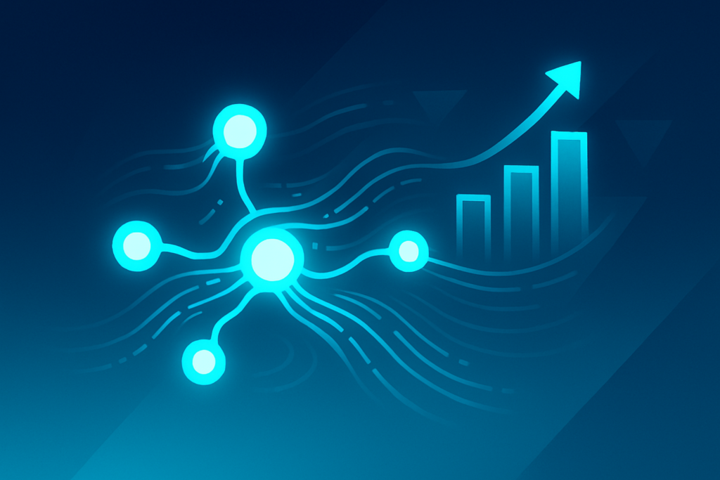 Abstract neon cyan neural network with glowing nodes and data streams on dark blue gradient background.