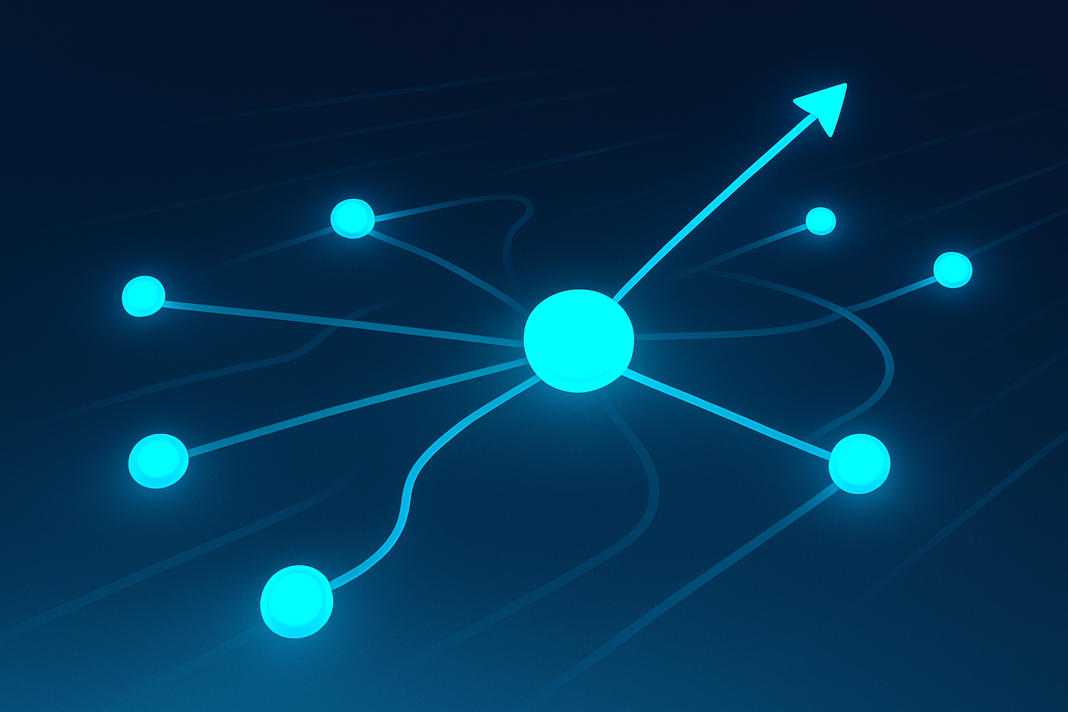Abstract network of glowing interconnected nodes and flowing lines on dark neon-lit background.