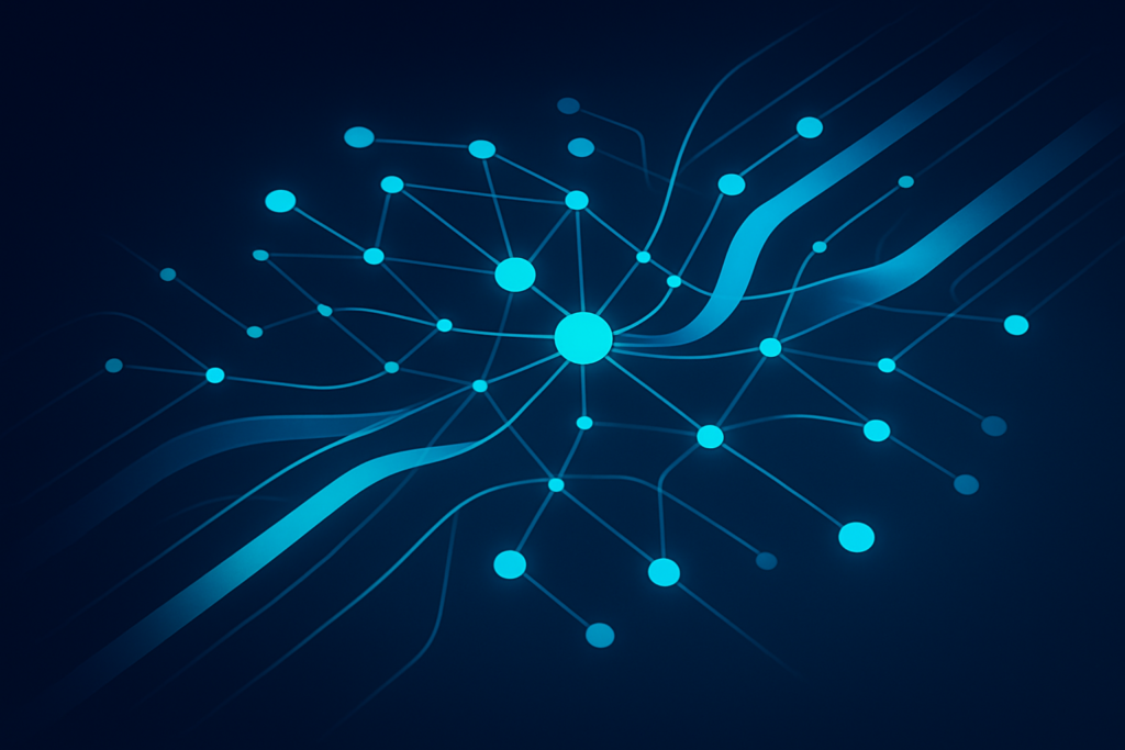 Abstract network of glowing nodes and data streams in dark blue and cyan tones.