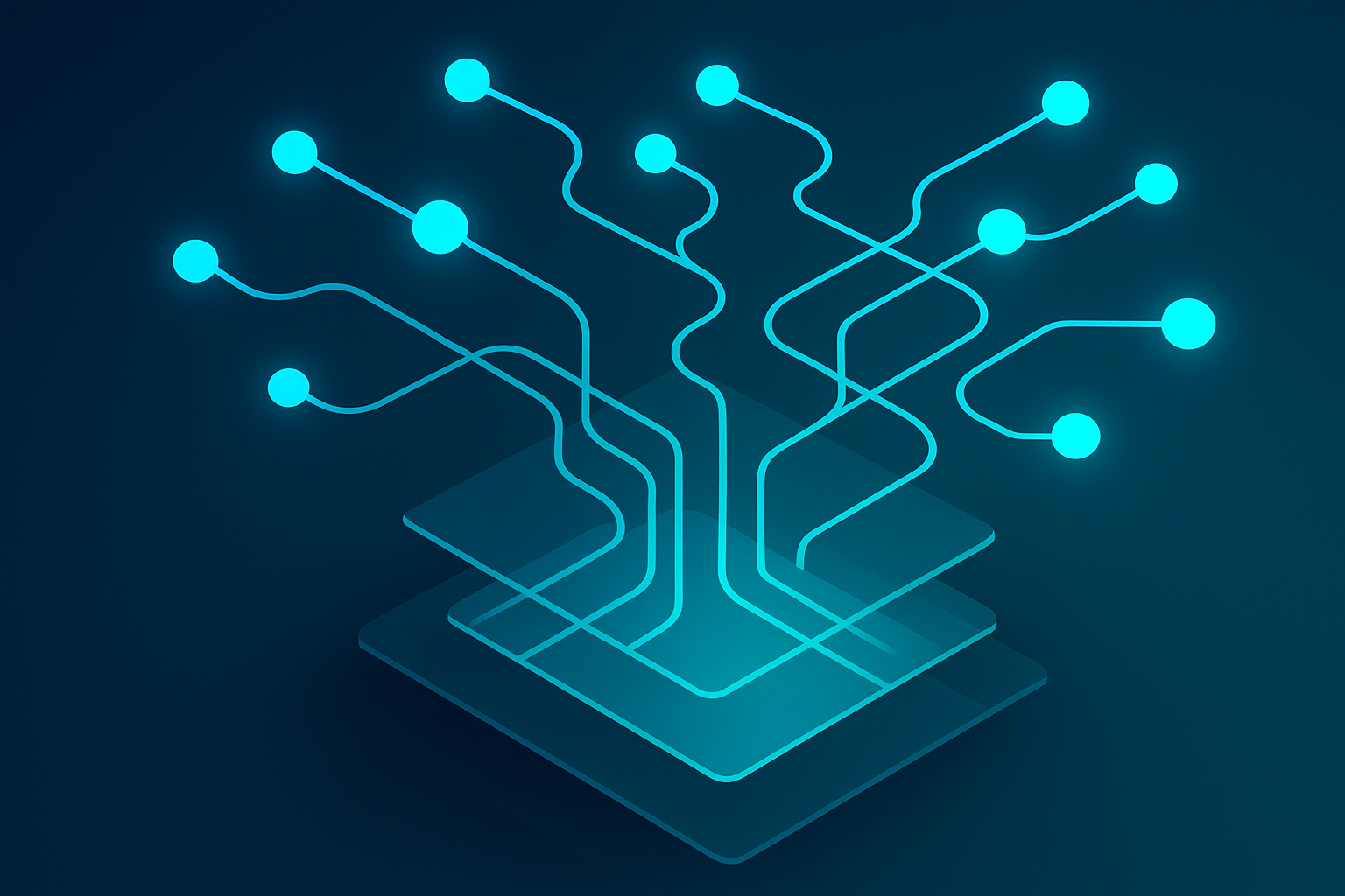 Abstract network of glowing nodes and geometric shapes on dark blue gradient background with cyan highlights.