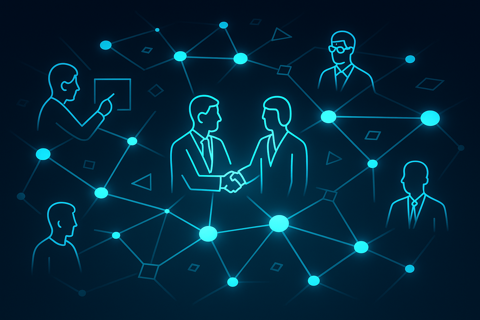 Abstract network of glowing nodes and silhouettes representing strategic professional partnerships.