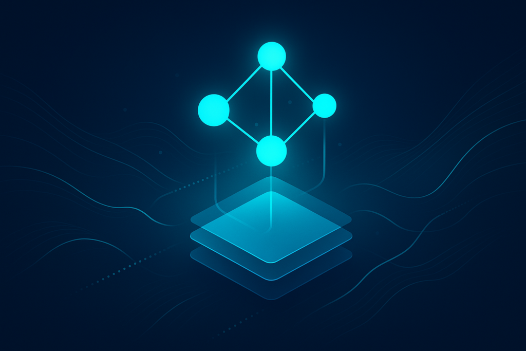 Abstract network of glowing nodes, geometric shapes, data streams, and neon highlights on dark gradient background.