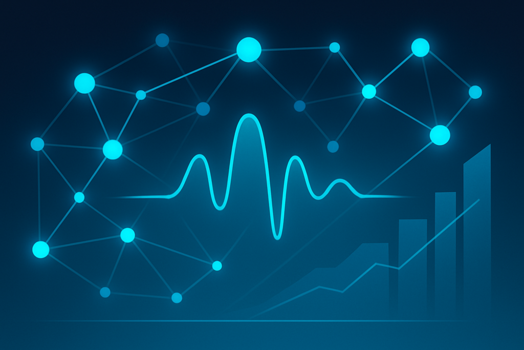 Abstract network of glowing nodes, waveform, and data shapes on dark blue background with cyan highlights.