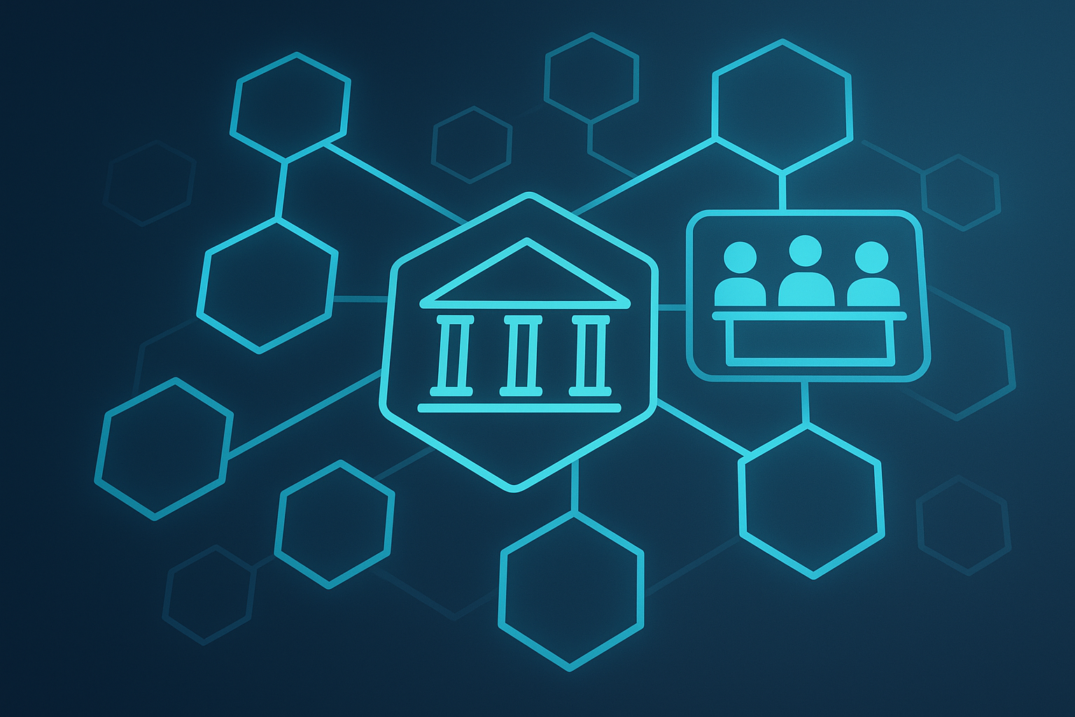 Abstract network of interconnected geometric shapes and silhouettes symbolizing governance and hierarchy.