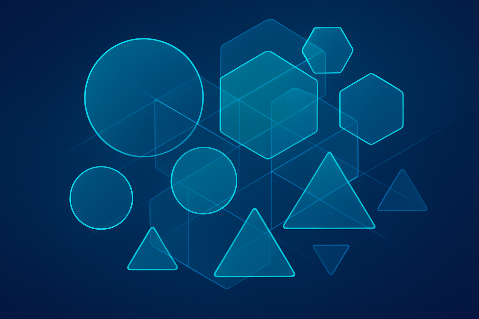 Abstract network of layered translucent geometric shapes with neon outlines and glowing connections.