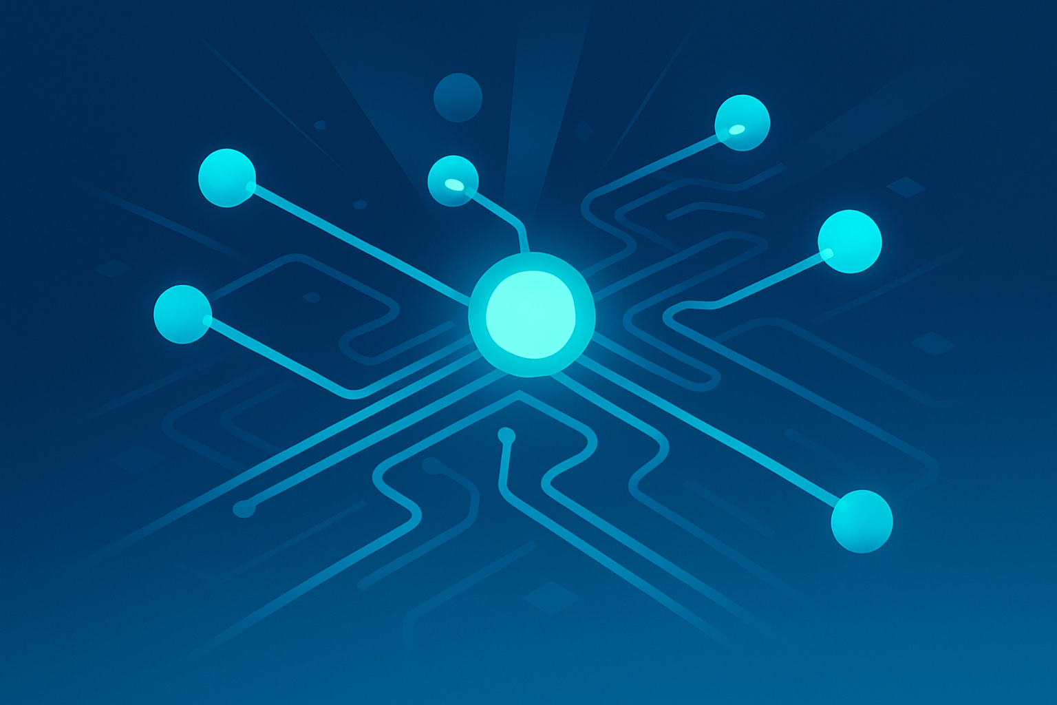 Abstract network with glowing cyan nodes, circuit pathways, and radiating geometric shapes.