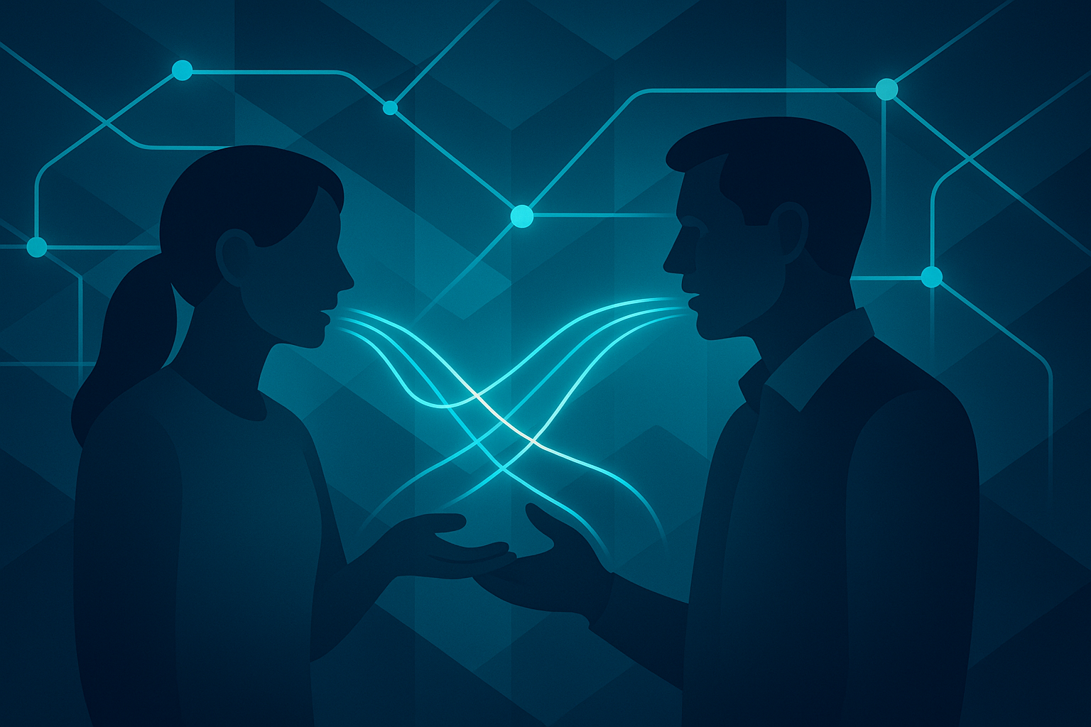 Abstract network with glowing cyan threads, figures exchanging illuminated data streams in a dark gradient setting.
