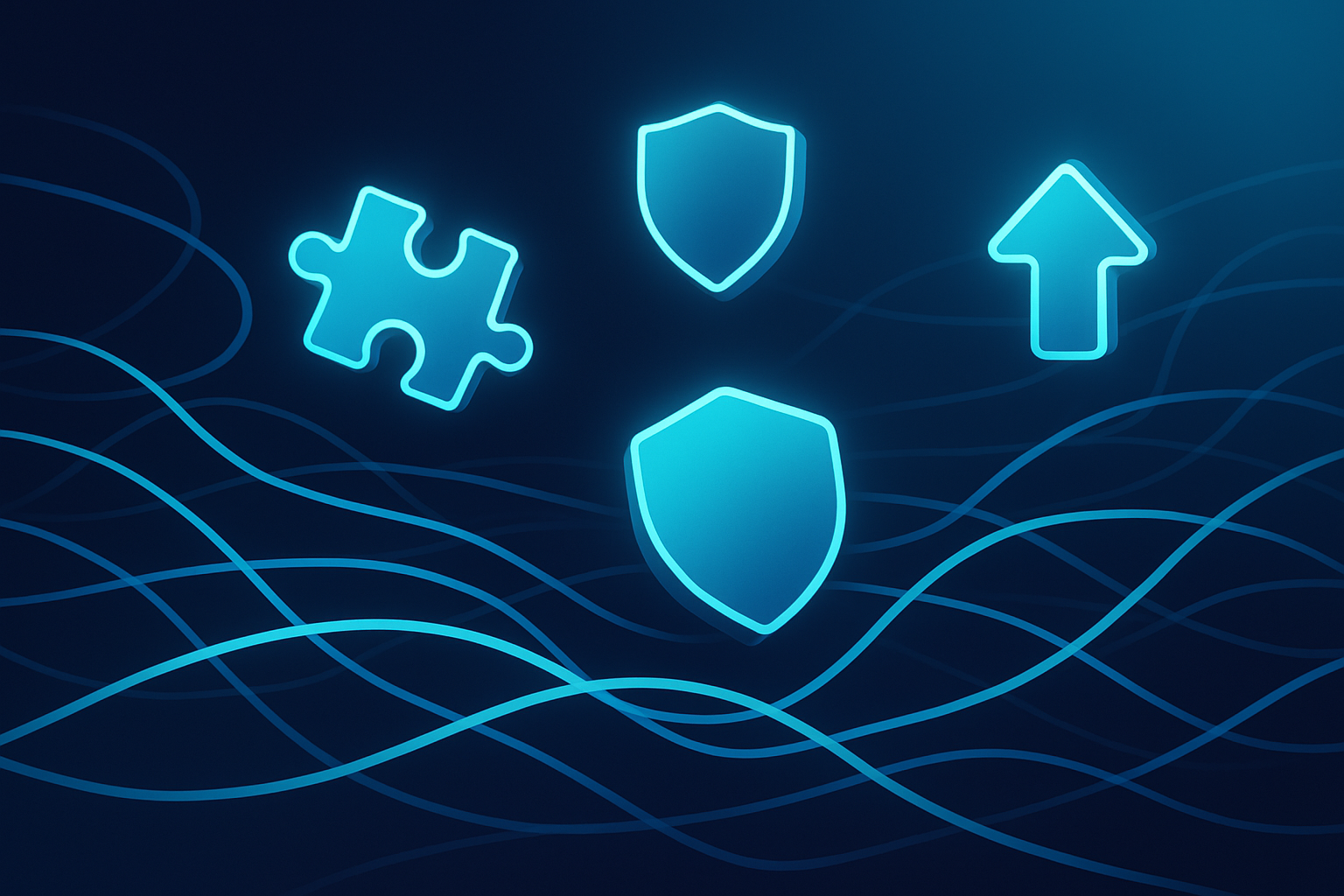 Abstract network with glowing cyan threads, geometric shapes symbolizing connection, security, and progress.