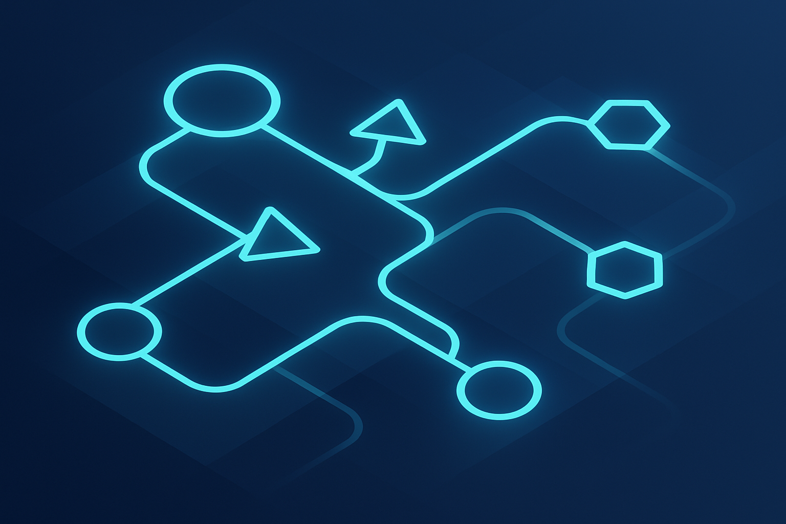 Abstract network with glowing geometric nodes and pathways on dark blue gradient background.