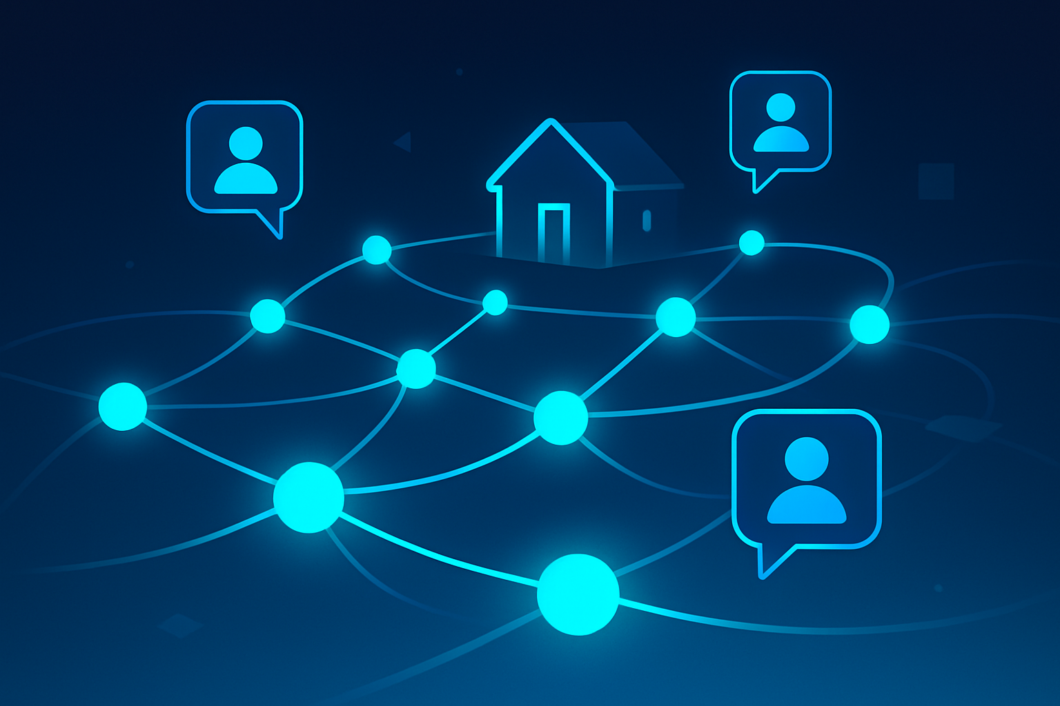 Abstract network with glowing nodes and flowing lines in a dark blue and cyan digital environment.