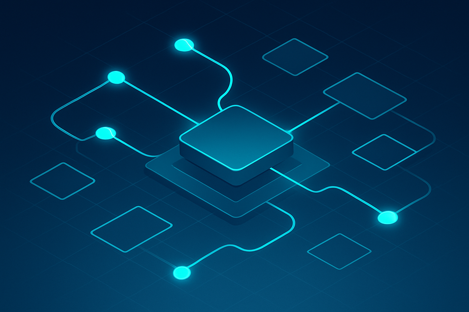 Abstract network with glowing nodes, geometric shapes, and neon pathways symbolizing automation.