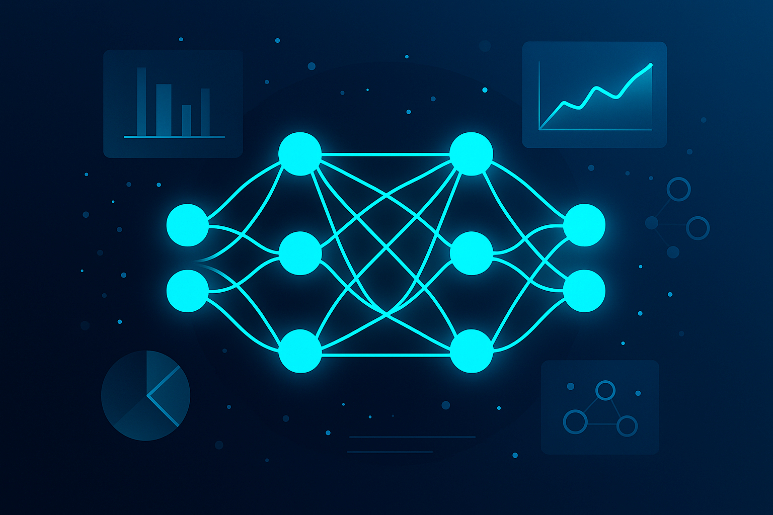 Abstract neural network with glowing cyan lines, geometric data shapes, and floating graphs.