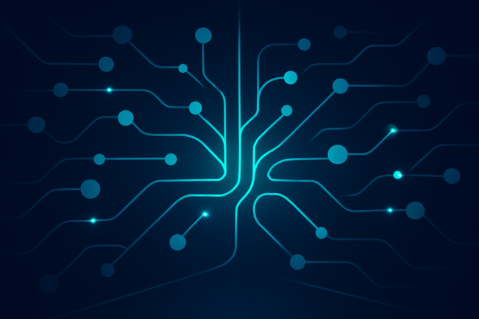 Abstract neural network with glowing cyan pathways and interconnected nodes on a dark gradient background.
