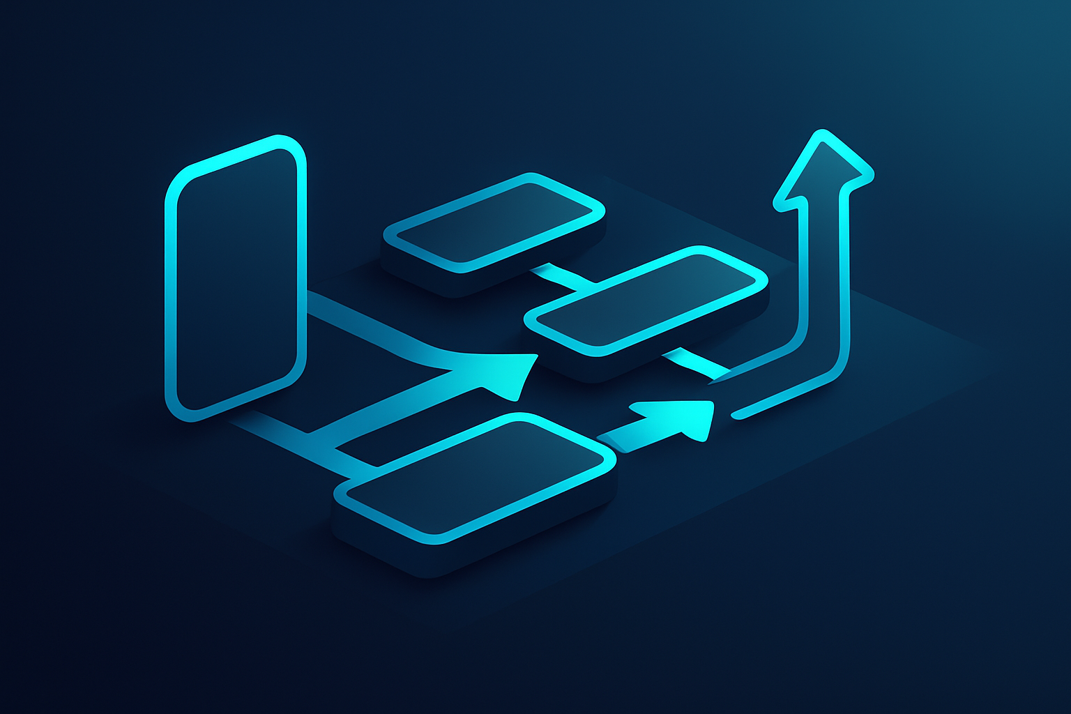 Abstract workflow with interconnected geometric shapes and neon cyan highlights on dark blue background.