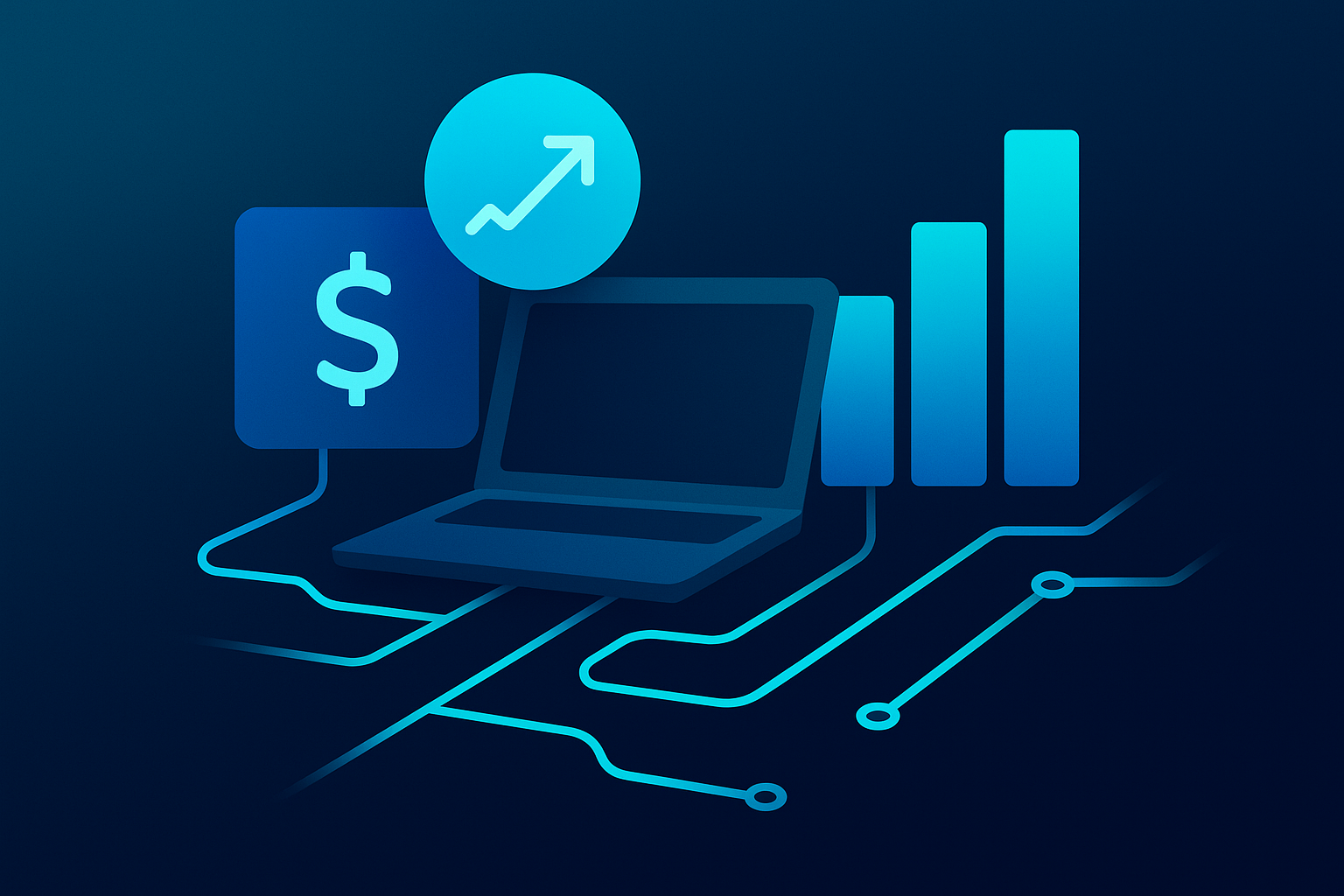 Abstract workspace illustration with glowing geometric shapes, digital circuits, and growth bars in neon blue tones.