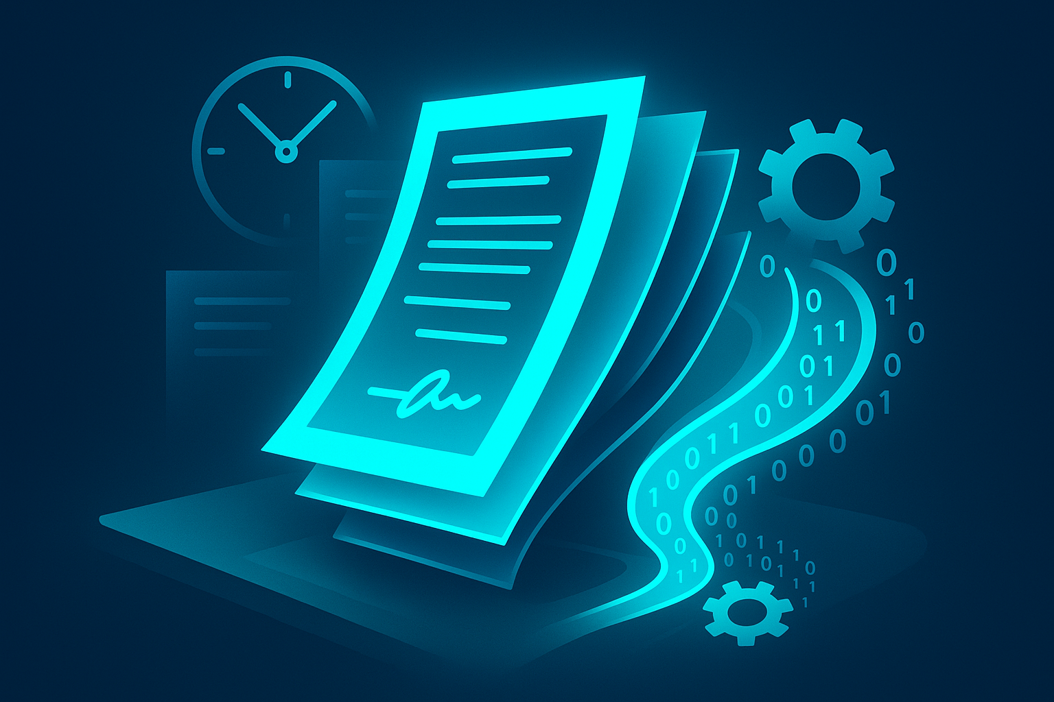 Abstract workspace with glowing contract sheets, data streams, cogs, clock hands, and binary code.
