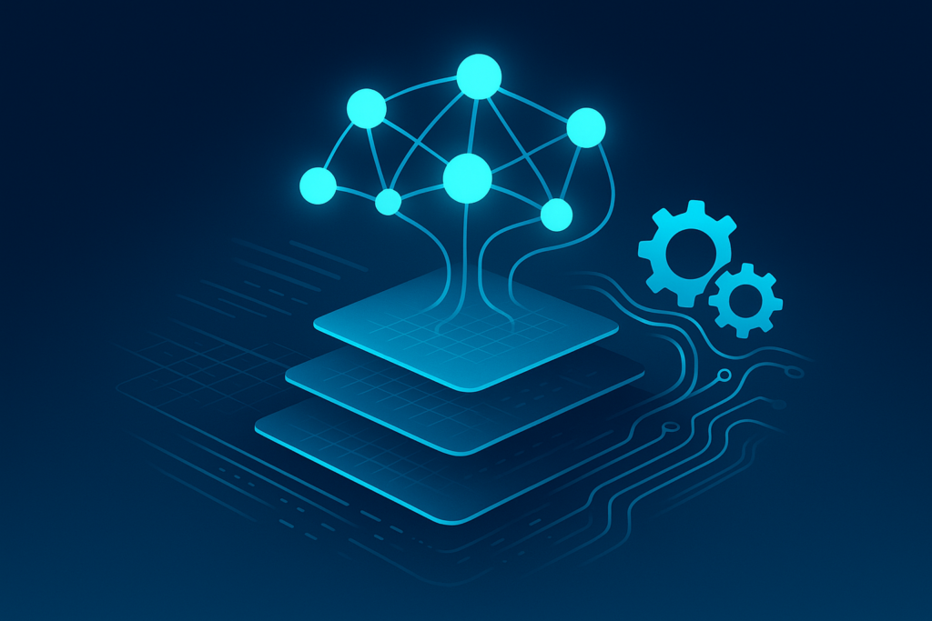 Abstract workspace with glowing neural nodes, digital grids, data streams, and AI symbols.