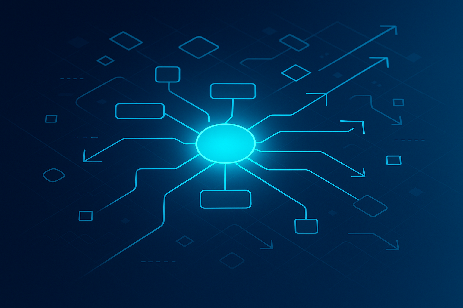 Central glowing neural network node with interconnected geometric data streams on dark blue gradient background.