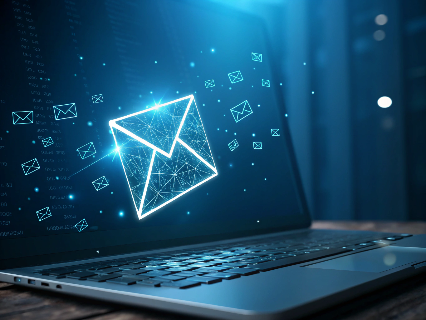 Dark gradient tech background with neon envelope and floating geometric shards symbolizing connection.