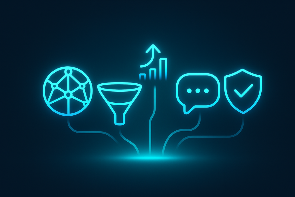 Five glowing icons representing lead generation elements on a dark neon-lit tech background.