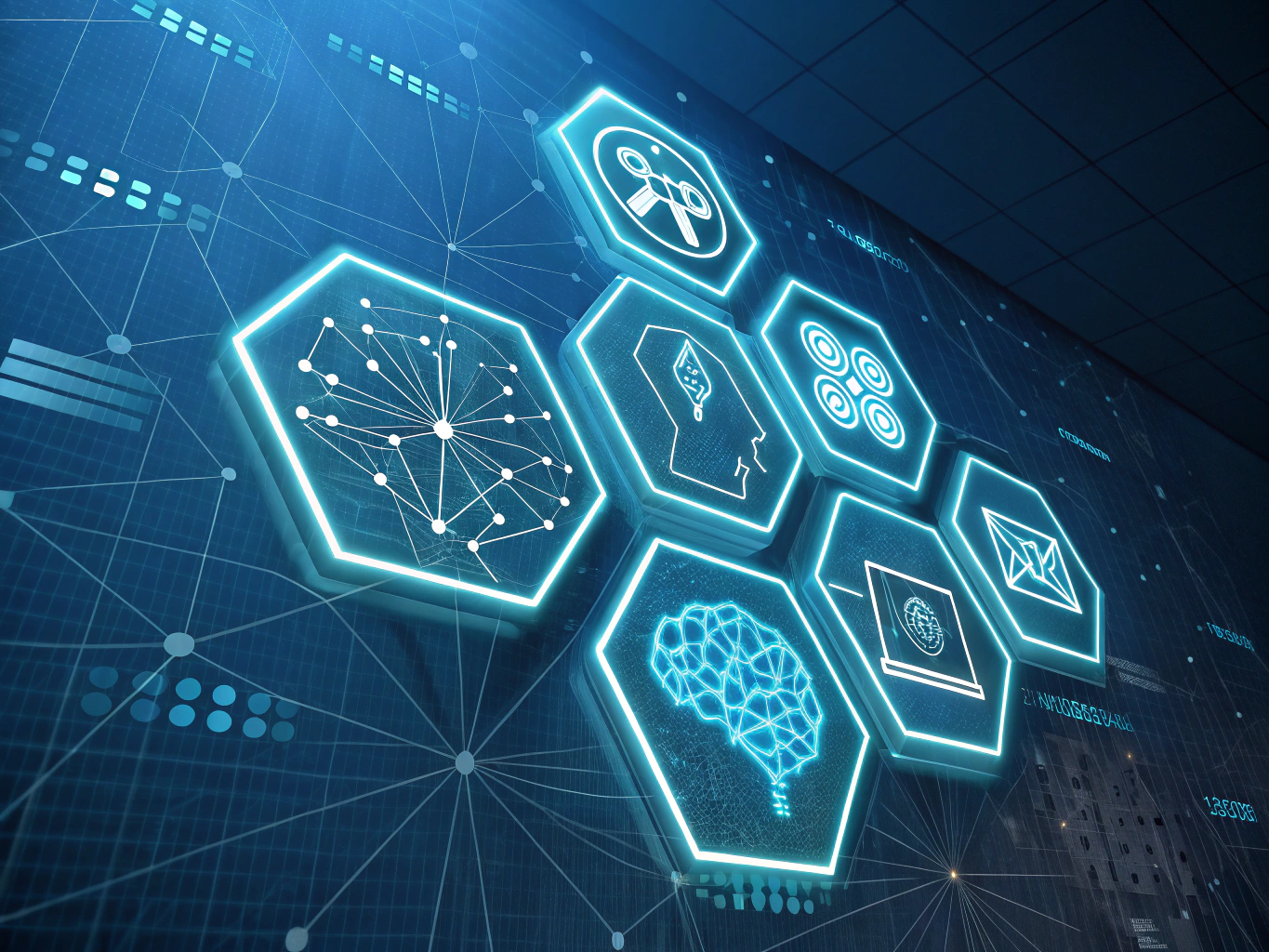 Five glowing, interconnected geometric shapes representing data, AI, analytics, communication, and trust.