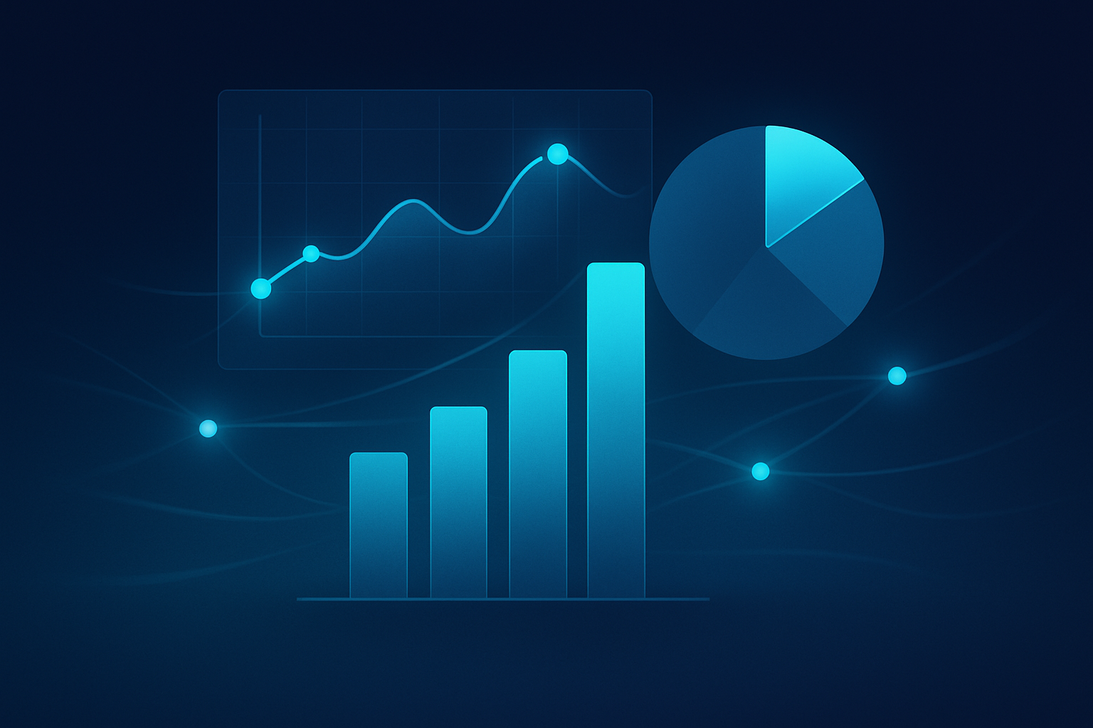 Flat digital illustration of interconnected glowing nodes and layered graphs on dark blue background.
