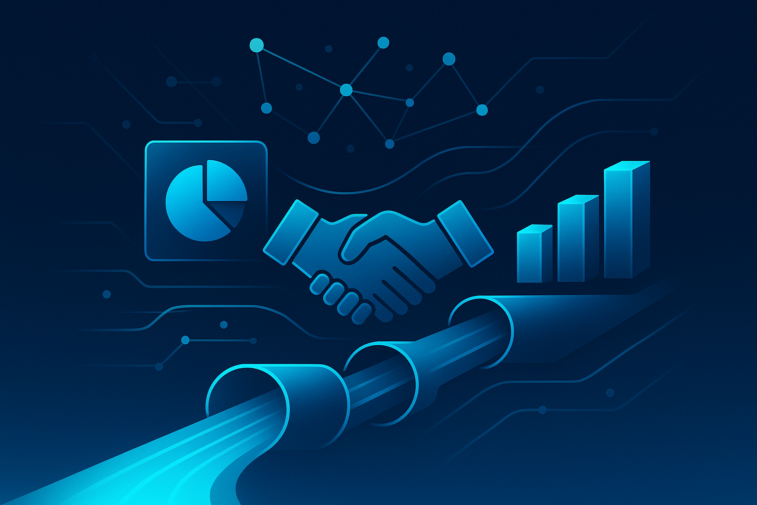 Flat digital illustration of interconnected nodes and data streams symbolizing collaboration and growth.