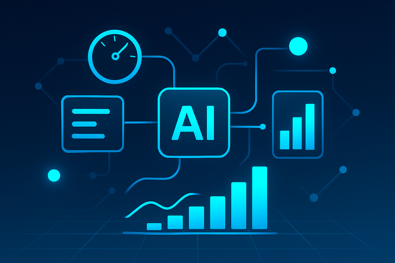 Flat futuristic illustration of data streams, interconnected nodes, glowing gauges, and ascending graphs.