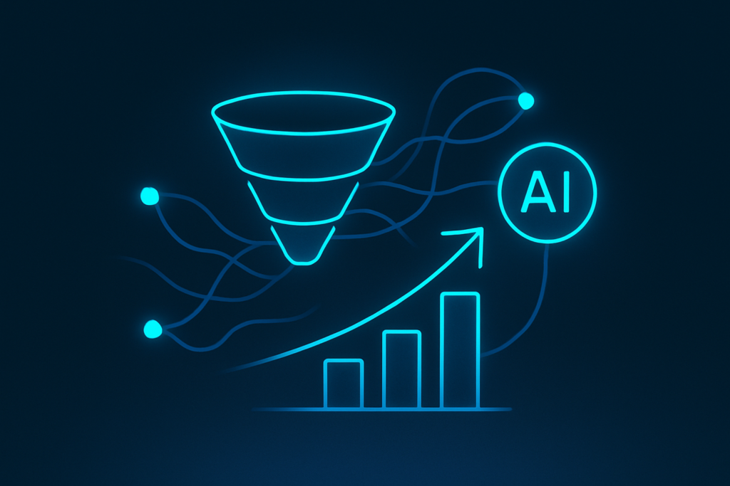 Flat futuristic illustration of interconnected geometric shapes, neural networks, and glowing data nodes.