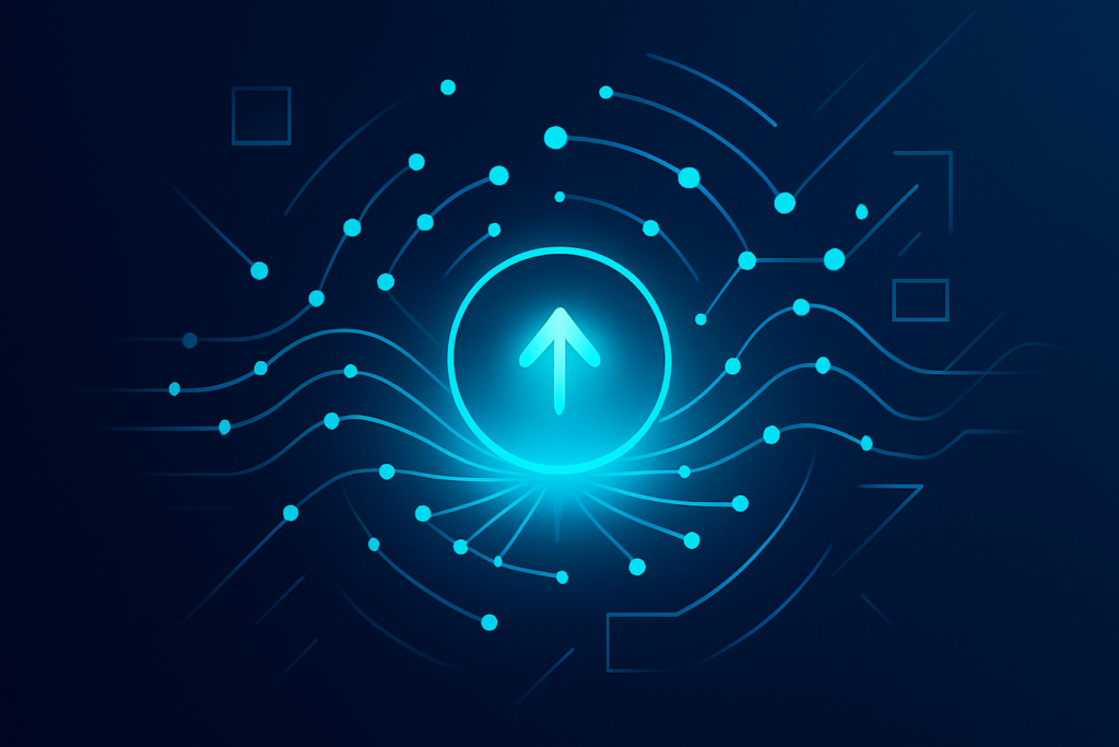 Flat illustration of data streams, glowing nodes, and radiant core against dark blue tech background.