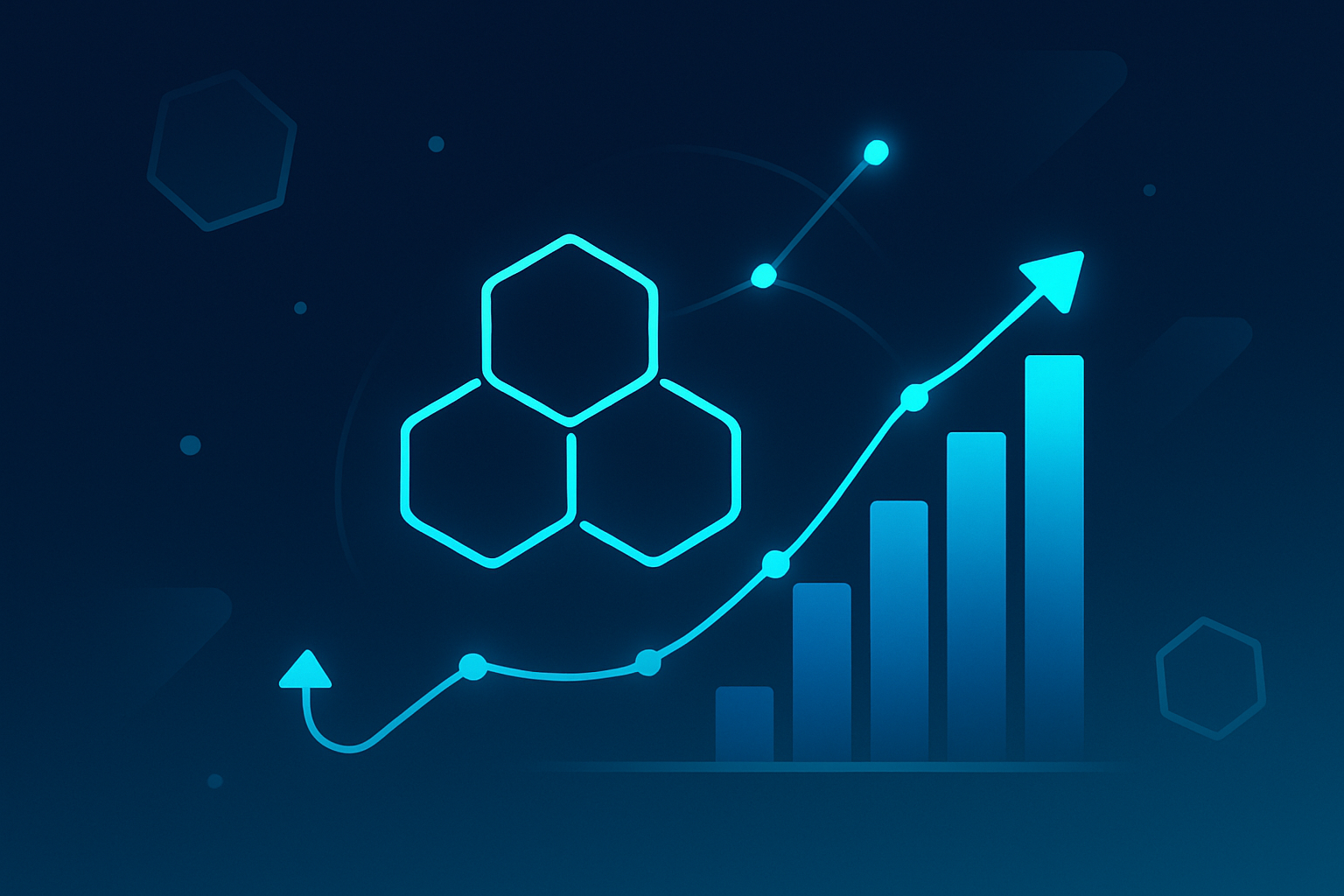 Flat illustration of geometric shapes with glowing lines and pulsing points on dark blue gradient background.