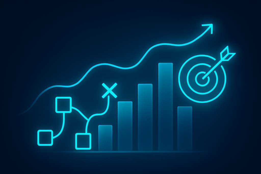 Flat illustration of glowing data streams, geometric shapes, bar graphs, and target icons on dark blue background.