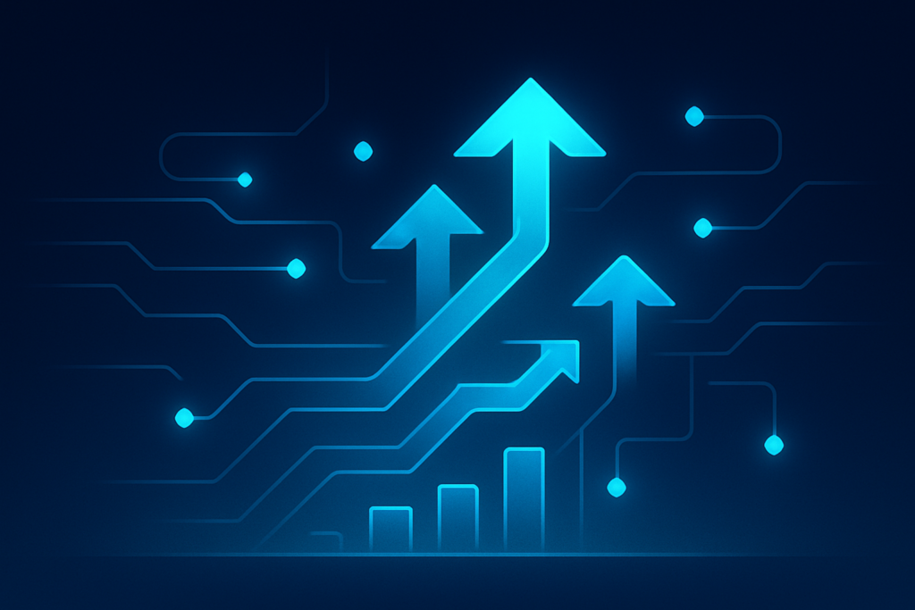 Flat illustration of interconnected arrows, circuits, and glowing nodes symbolizing revenue growth.