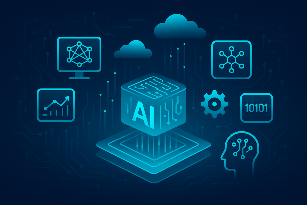 Flat illustration of interconnected circuits, data streams, holographic grids, and digital symbols in neon blue on dark gradient background.