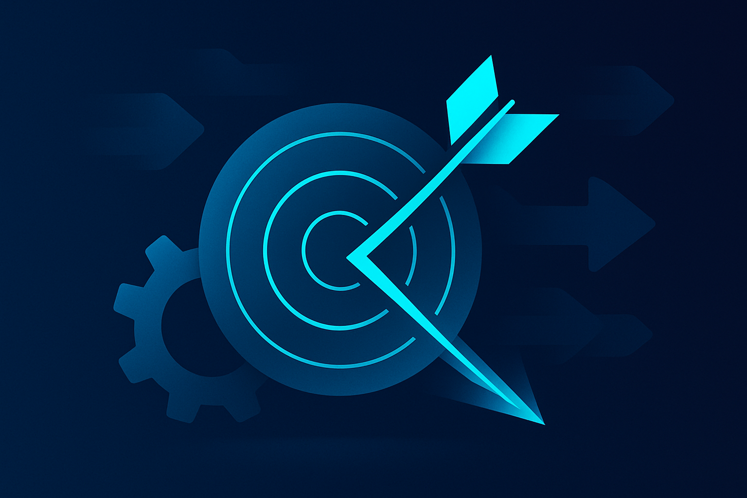 Flat illustration of interconnected gears and data streams on dark blue background with cyan glow.