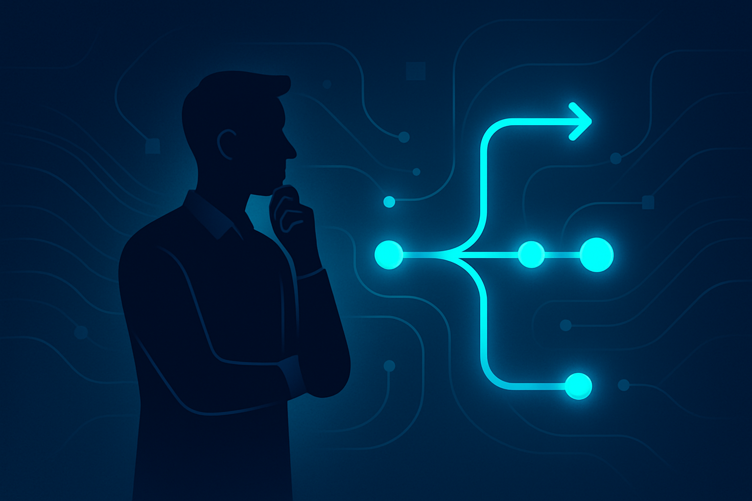 Flat illustration of interconnected geometric shapes with pulsing nodes against a dark blue neon-lit tech background.
