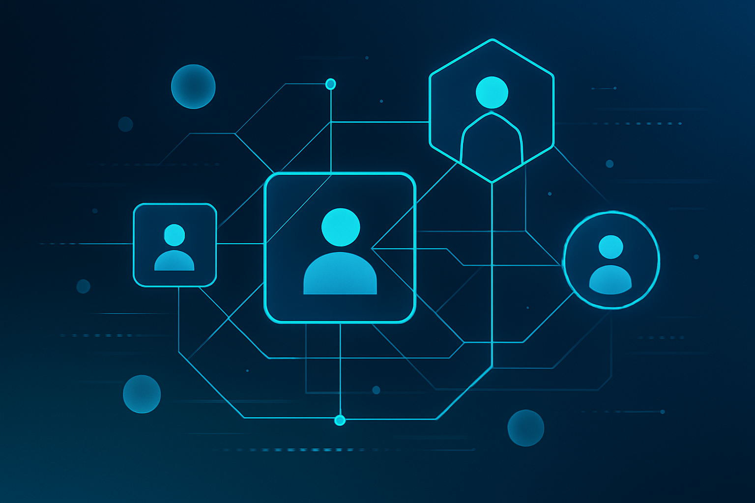 Flat illustration of interconnected geometric shapes, glowing lines, translucent orbs, and digital data streams.