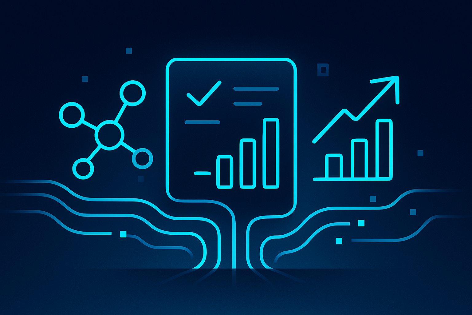 Flat illustration of interconnected geometric shapes and digital pathways on a dark blue neon-lit background.
