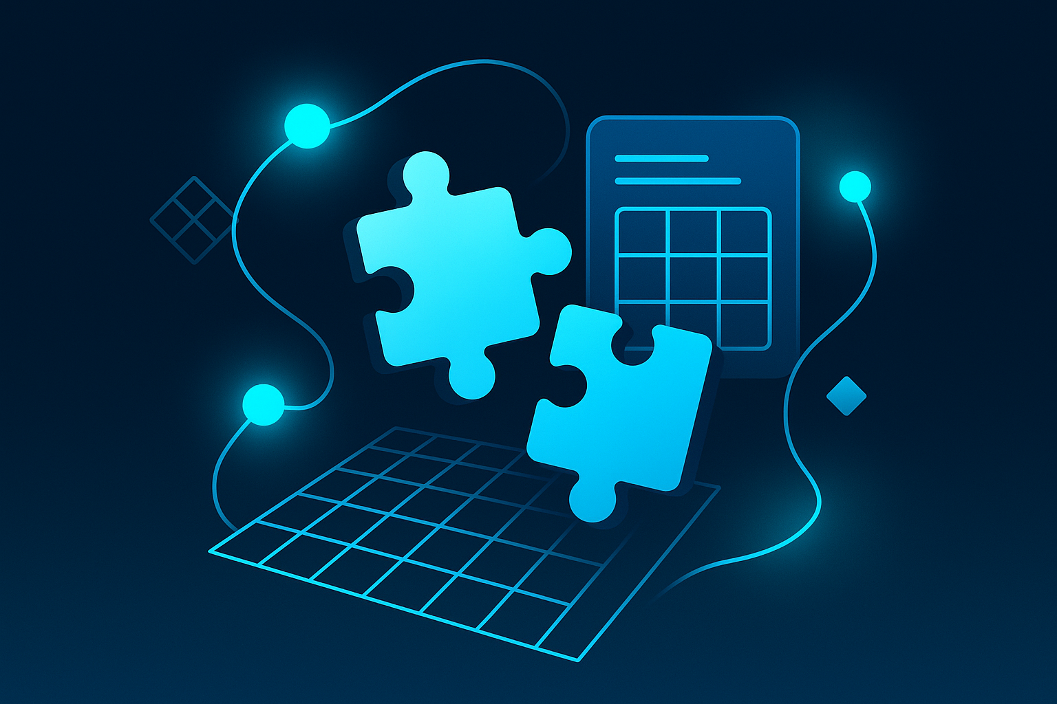 Flat illustration of interconnected geometric shapes, glowing nodes, and flowing lines on dark blue background.