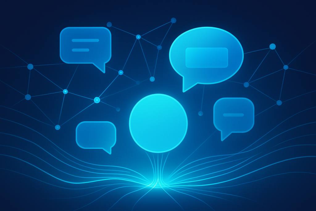 Flat illustration of interconnected glowing nodes, speech bubbles, and data waves in a neon blue tech background.