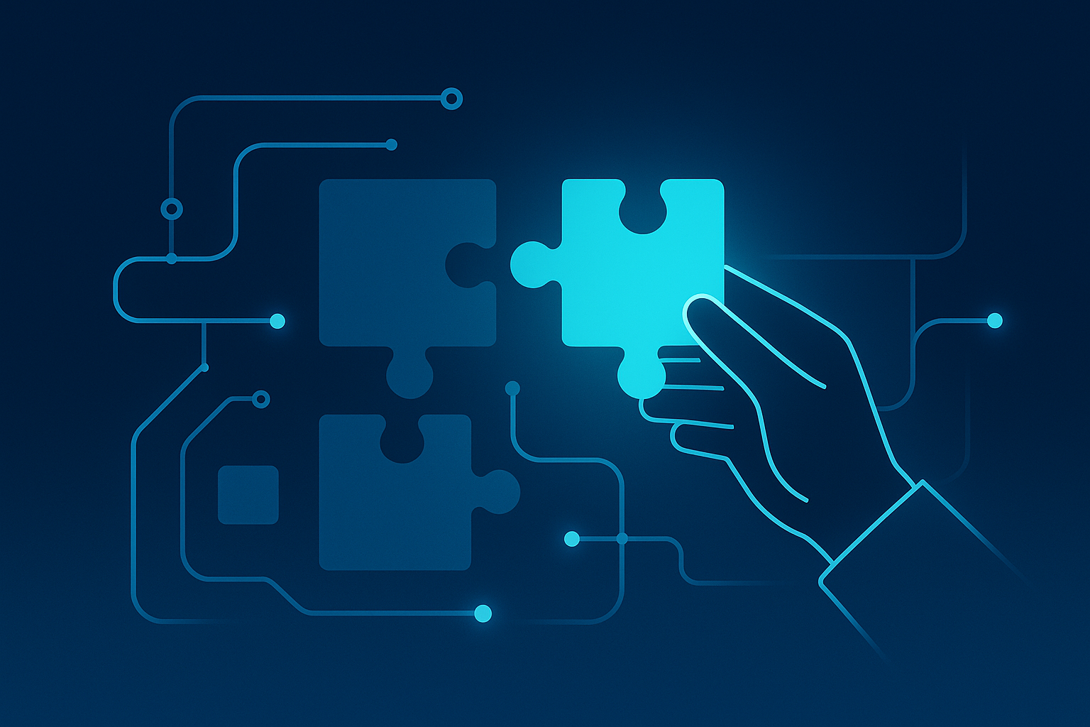 Flat illustration of interconnected puzzle pieces and circuit lines with glowing nodes on a dark blue gradient background.
