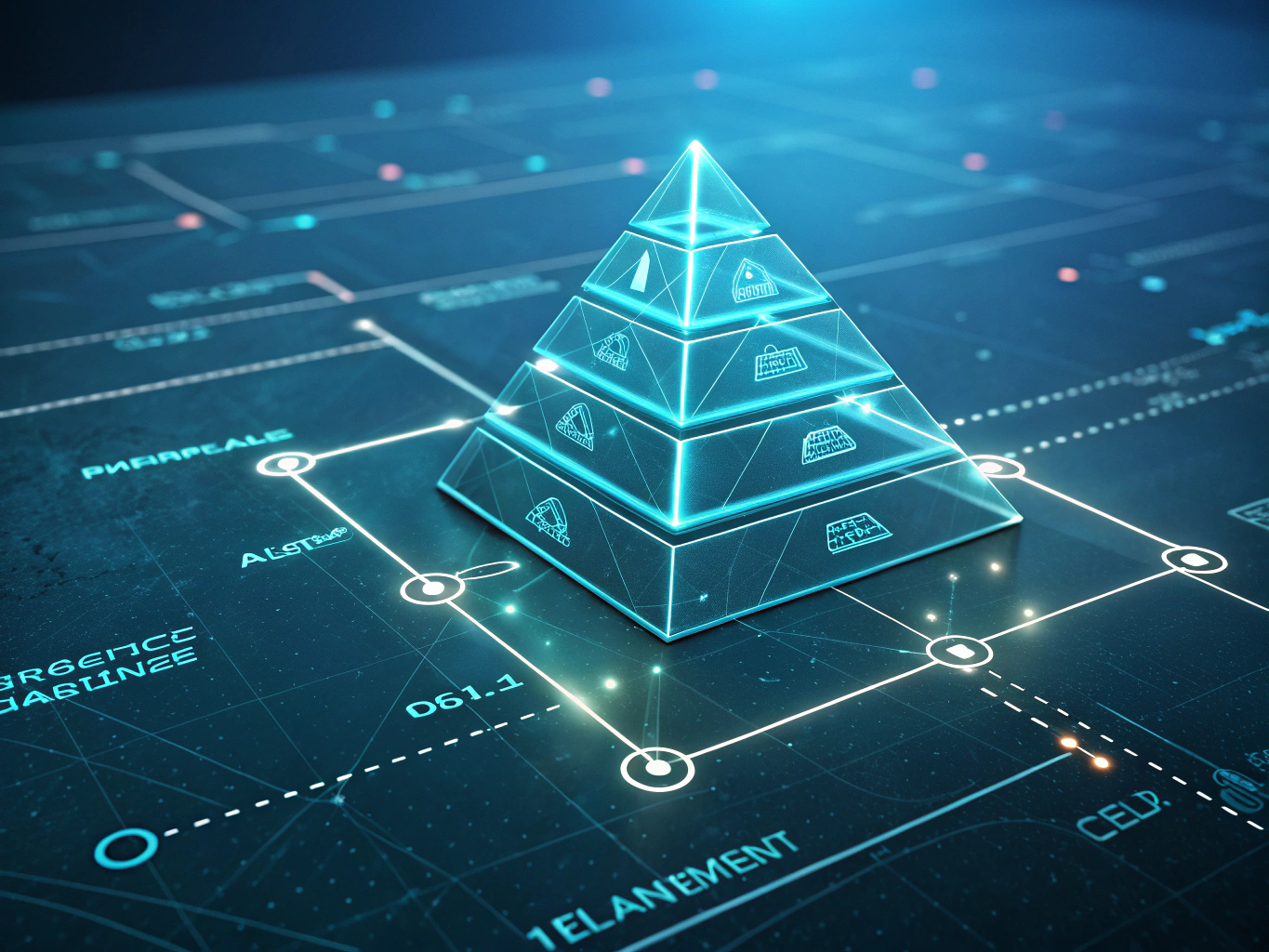 Flat illustration of layered geometric shapes connected by glowing cyan threads over a dark gradient background.