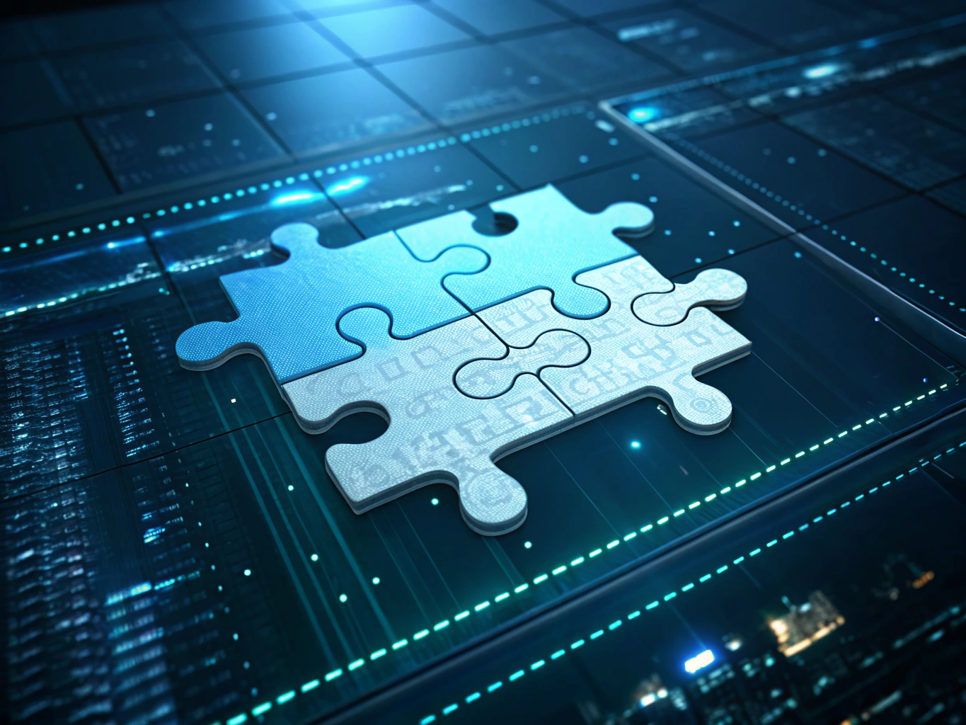 Flat illustration with puzzle pieces, glowing threads, and shards against a dark neon-lit digital background.