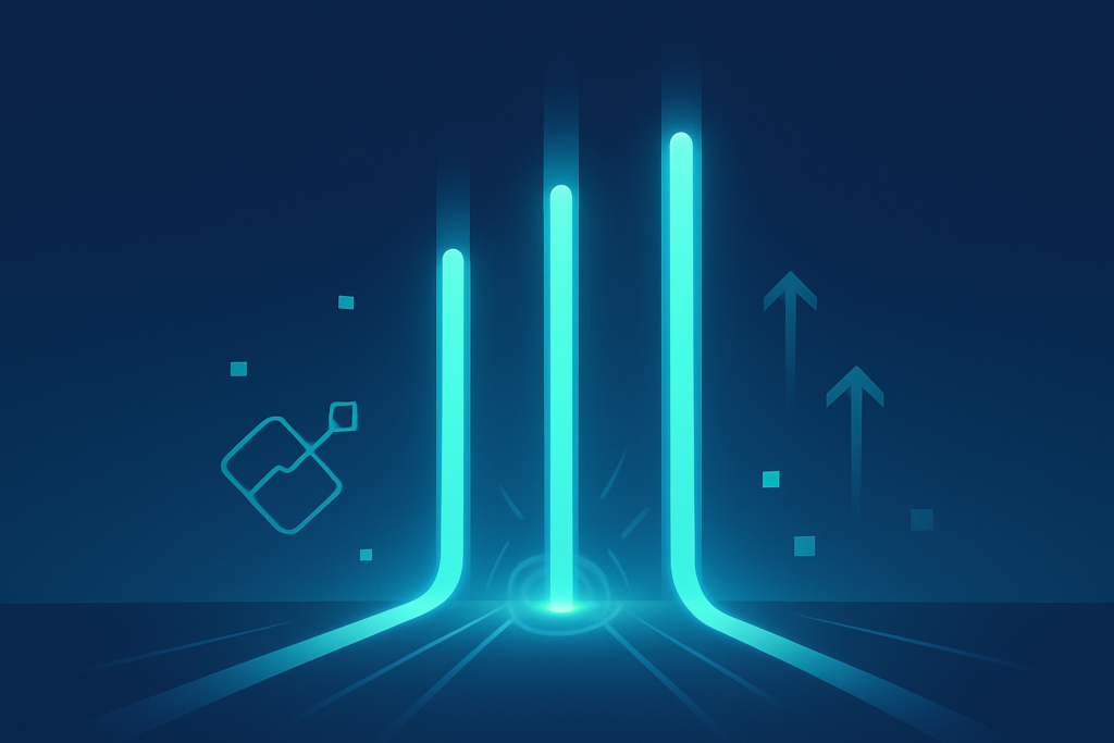 Four neon cyan light beams converge upward amid geometric shapes in a dark blue tech-inspired scene.