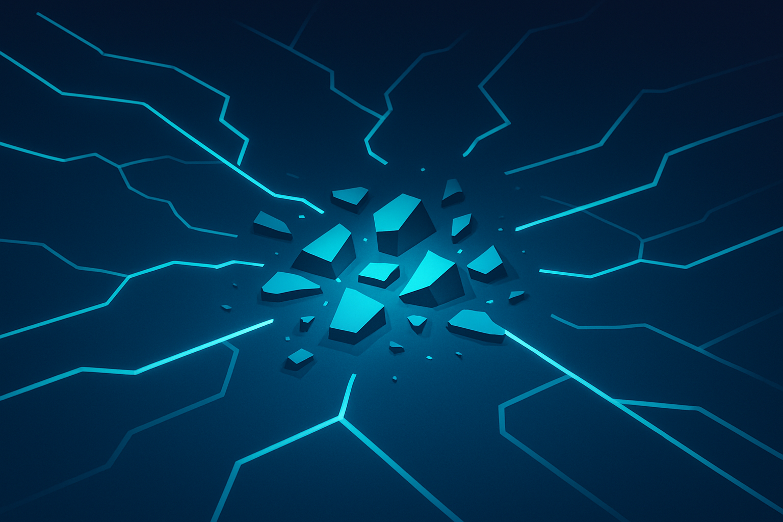 Fractured glowing cyan and blue network lines with scattered geometric shapes on dark gradient background.