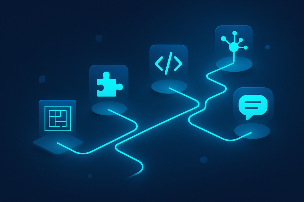 Futuristic dark background with glowing cyan shapes representing AI chatbot development steps.