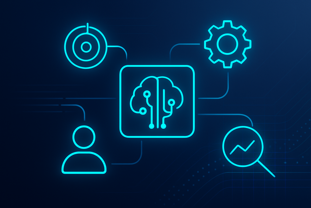Futuristic dark blue background with glowing cyan geometric nodes and data streams representing AI networks.
