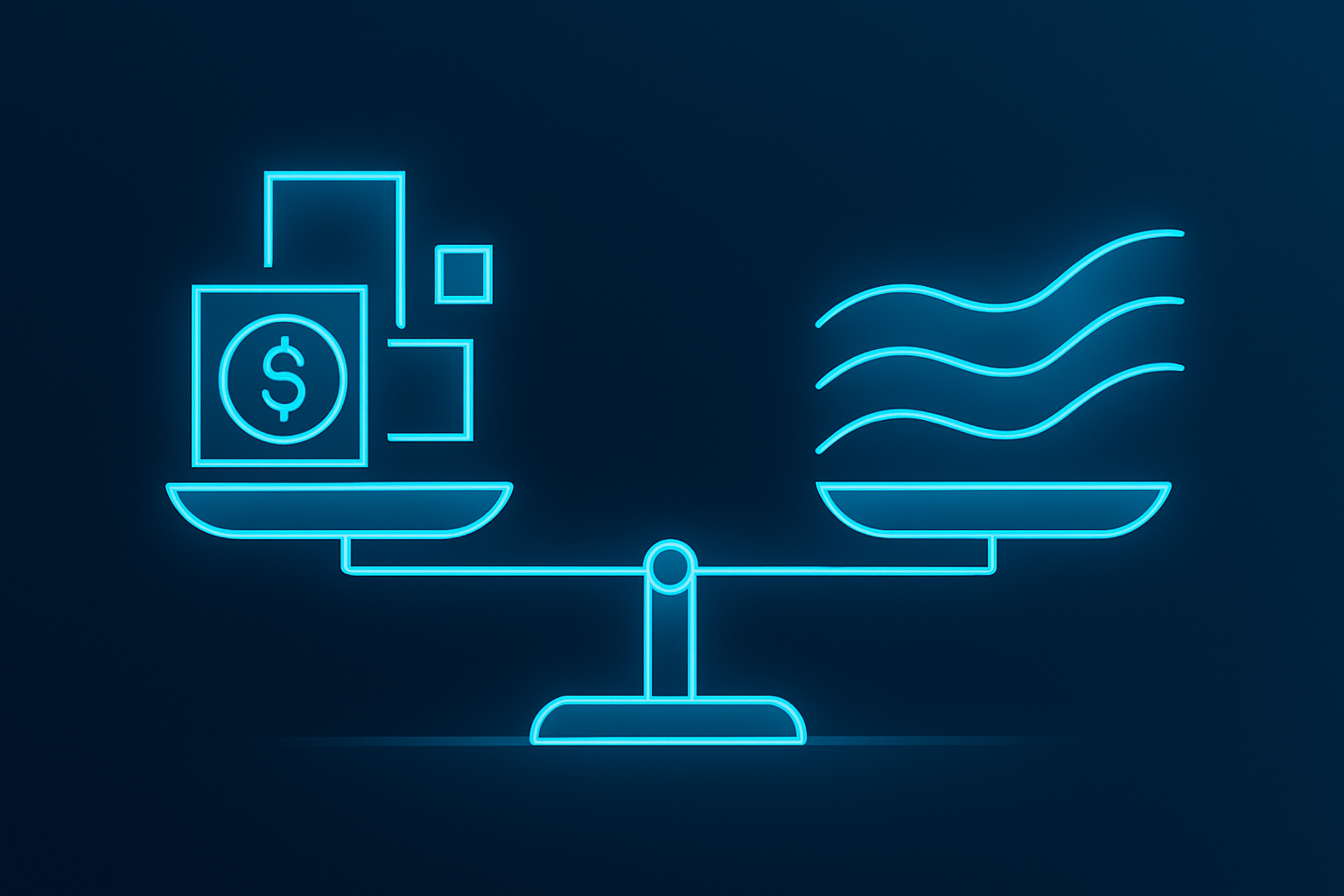 Futuristic digital balance scale glowing cyan, with geometric savings and wave revenue symbols.