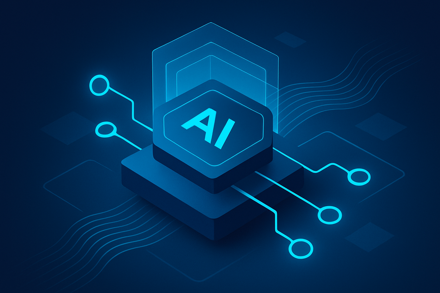 Futuristic digital blueprint with glowing circuits, translucent panels, and flowing data streams.