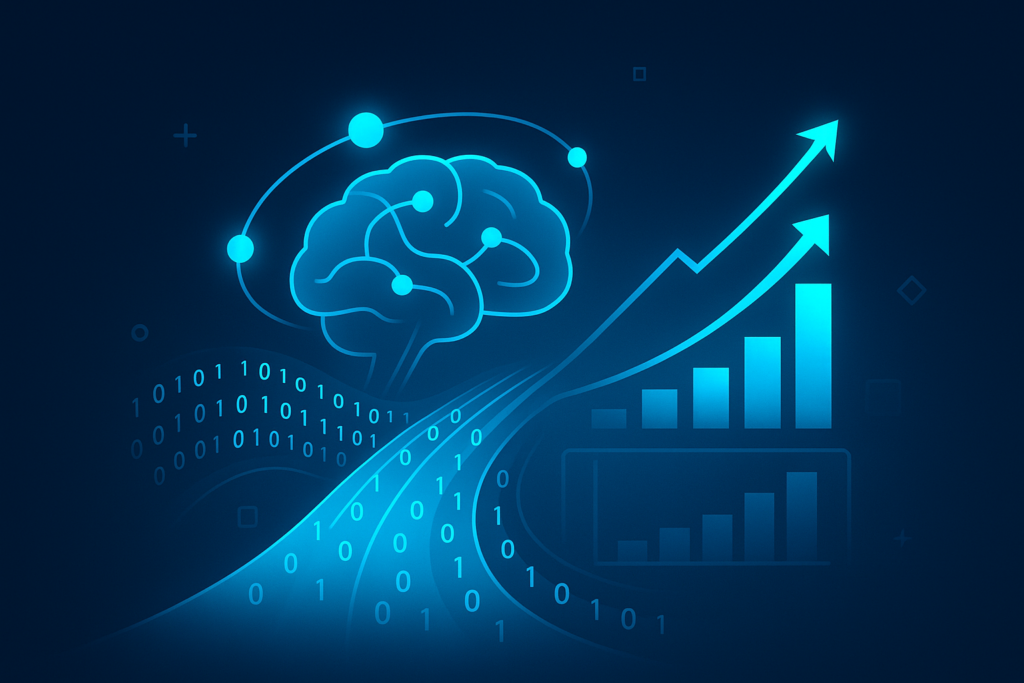 Futuristic digital brain with glowing data nodes, binary streams, and rising graphs in neon blue.
